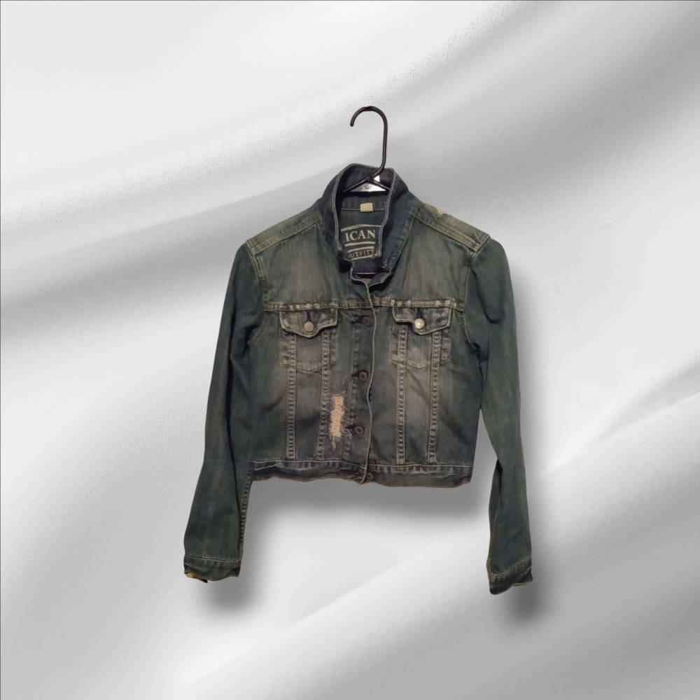 American Eagle Outfitters Distressed Cropped Blue Denim Jean Jacket Ladies Med